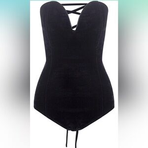 Black Velvet Plunge V Neck Wire Lace Up Bodysuit